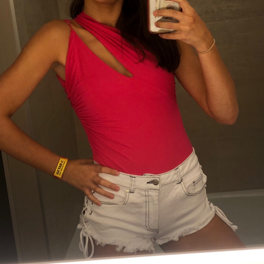 h:ours pink crossover cutout bodysuit
